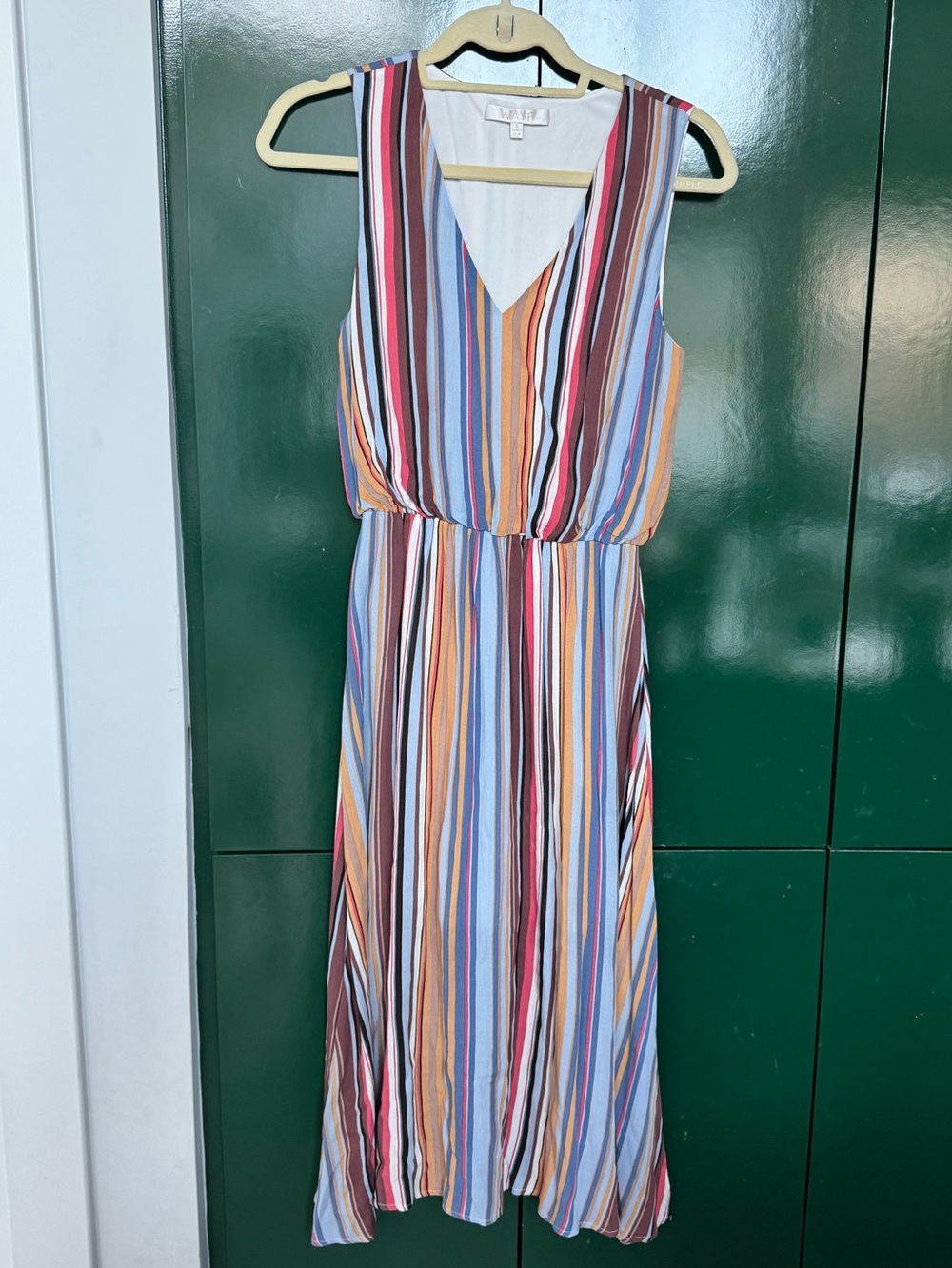 Wayf Multi-Stripe V-Neck Maxi Dress in Blue, Red, Yellow & White